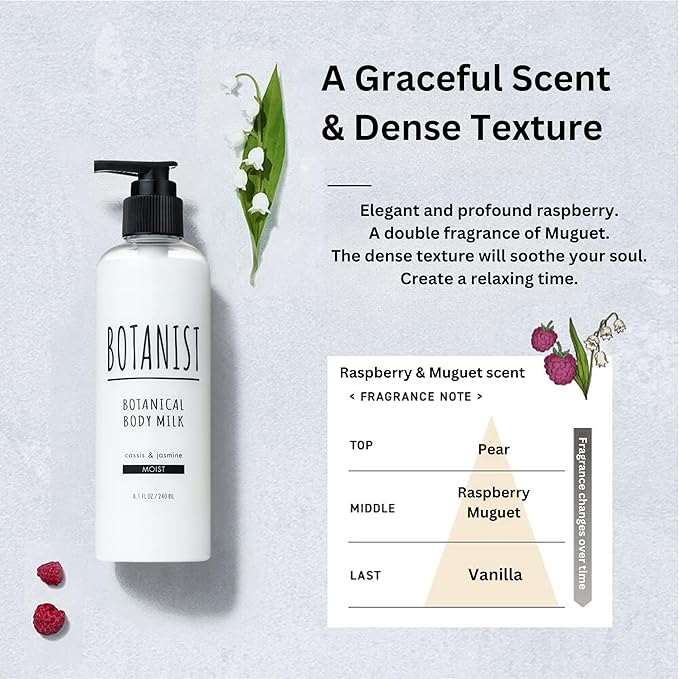 Organic Body Lotion for Women, Soothing Lotion for Sensitive & Dry Skin, Hydrating Skin Care with Botanical Butter Milk, Body Milk from Japan, MOIST, Cassis & Jasmine, 8.1 Fl Oz