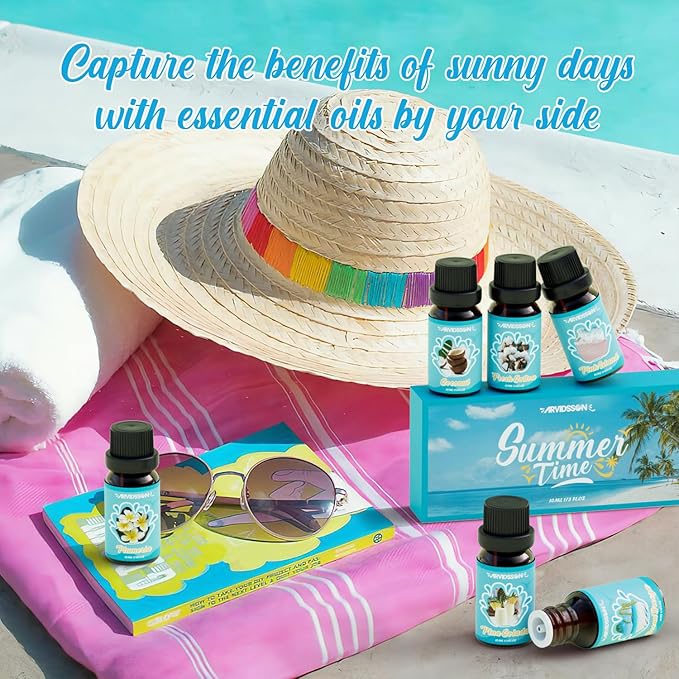 Summer Essential Oils Set, ARVIDSSON Tropical Fragrance Oil for Candle Making, Diffuser Scented Oil - Ocean Breeze, Pina Colada, Fresh Cotton, Pink Island, Plumeria, Coconut