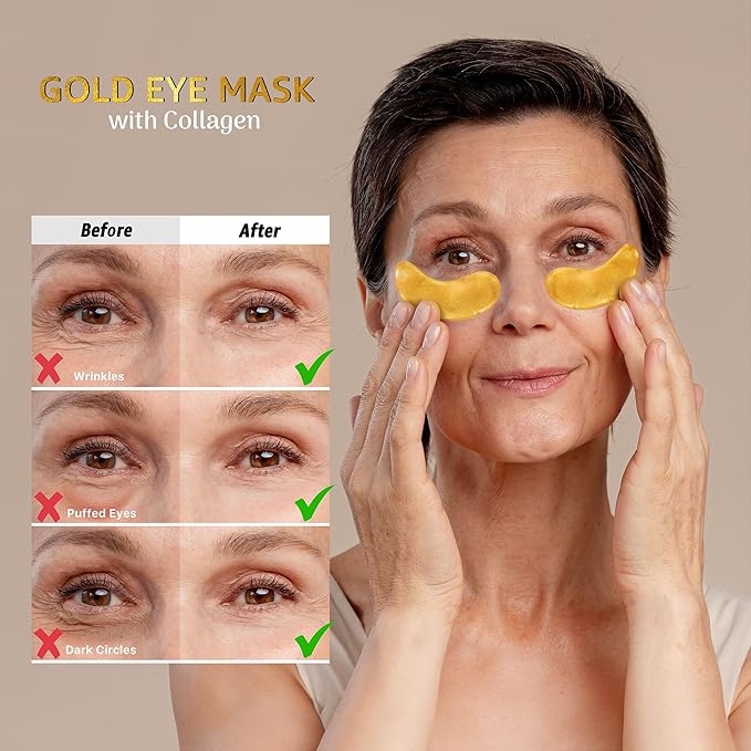 24k Gold Under Eye Mask, Reduce Puffy Eyes, Wrinkles And Undereye Bags (20 Pairs) Dark Circles Under Eye Treatment, Eye Cooling Mask, Gel Under Eye Patches With Vitamin E And Collagen.