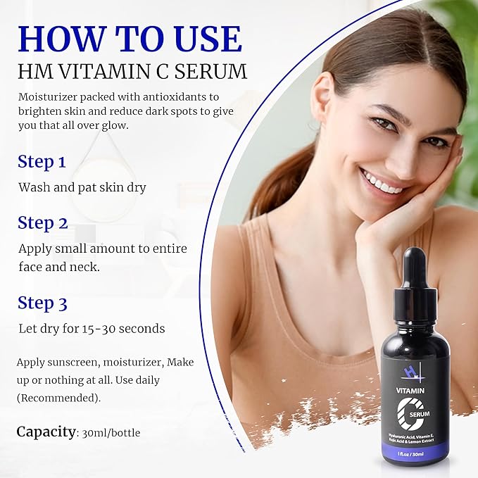 HM Vitamin C Serum with Hyaluronic Acid, Vitamin E & 1 percent Kojic Acid | Anti-Aging & Brightening | Reduces Wrinkles & Enhances Skin Radiance