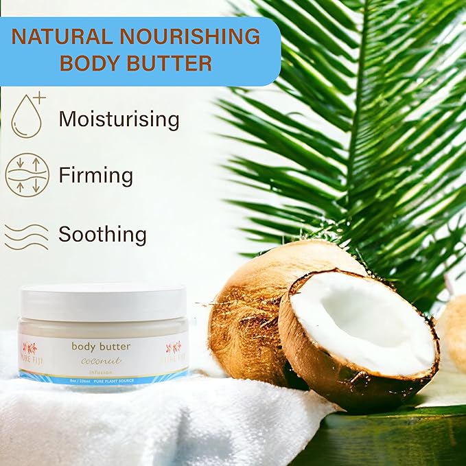 PURE FIJI Body Butter - Moisturizer Body Butter Cream - Face Cream and Body Lotion for Dry Skin with Natural Oils & Vitamin E, Body Butter For Women for Men,Coconut, 8oz