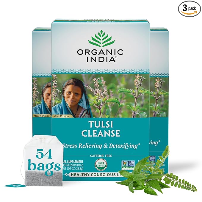 ORGANIC INDIA Tulsi Cleanse Tea - Holy Basil, Ginger, Turmeric, Herbal Tea, Stress Relieving & Cleansing, Immune Support, Adaptogen, Organic, Non-GMO, Caffeine-Free - 18 Infusion Bags, 3 Pack