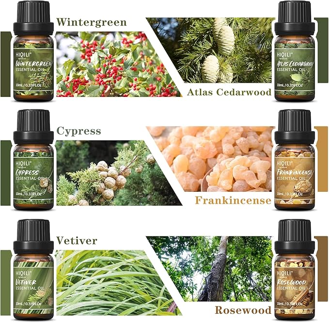 HIQILI 100% Pure Woodsy Essential Oil Set, 6x10ml, Cedarwood, Wintergreen, Frankincense, Vetiver, Rosewood, Cypress - Aromatherapy, Massage, Skin Beauty, Perfume, Gifts