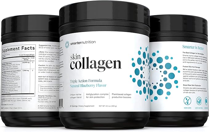 Smarter Nutrition Marine Collagen - Type 1 & 3 Peptides with Herbal Antioxidants for Skin and Hair Health - Vitamin E & C, Green Tea, Berry Powder, Quercetin - (60 Servings (Pack of 3))