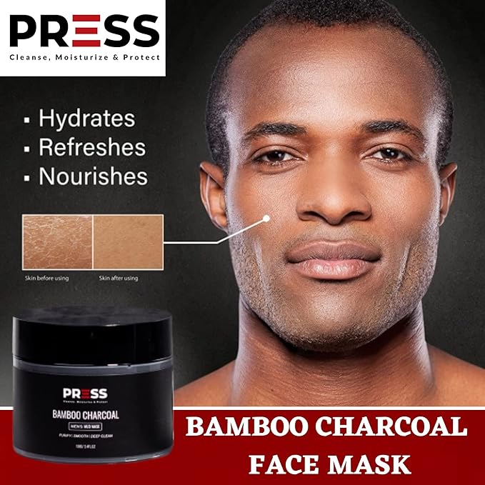 PRESS SKINCARE Bamboo Charcoal Face Mask| Mud Masks for Face | Face Masks Skincare for Men | Exfoliator, Pore Cleansing & Anti Aging Hydrating Face Masks Skin care |3.4 FL. OZ