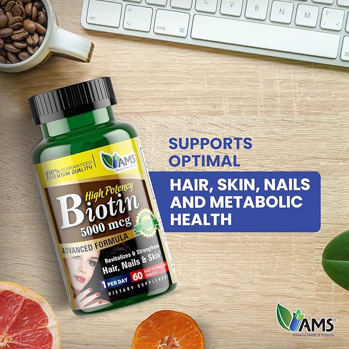 America Medic & Science High Potency Biotin 5,000 mcg | Vitamin B7 Dietary Supplement for Men and Women | Hair Growth Support | for Healthy Skin, Nails, and Metabolism