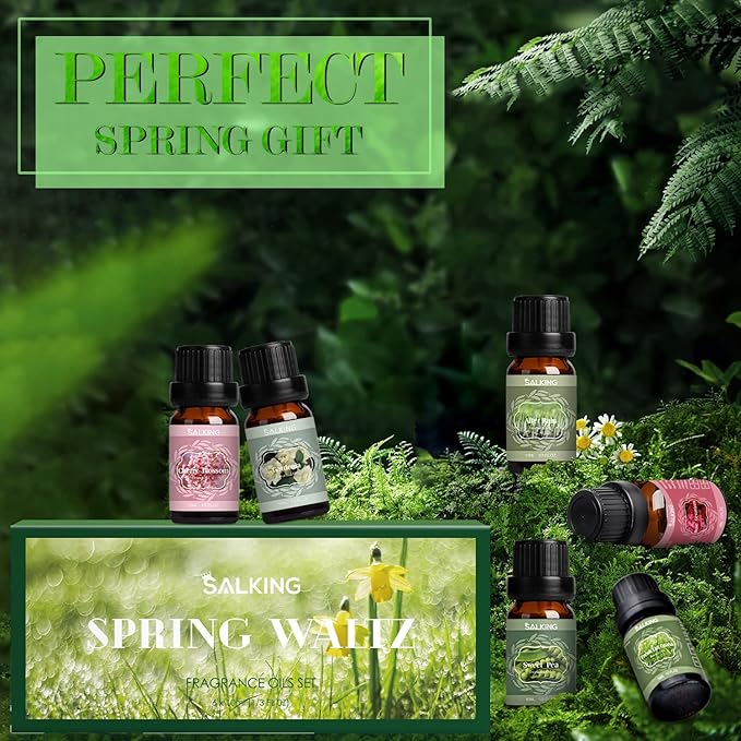 SALKING Spring Fragrance Oils Set, Premium Essential Oils Gift Set for Diffuser, Scented Oil for Soap & Candle Making - After Rain, Fresh Cut Grass, Sweet Pea, Rose Geranium, Cherry Blossom, Gardenia