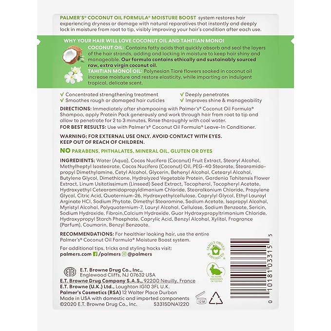Palmer's Coconut Oil Formula Moisture Boost Protein Pack, Hair Treatment for Dry, Damaged, Over-Processed and Colored Hair, 2.1 Ounce (Pack of 12)