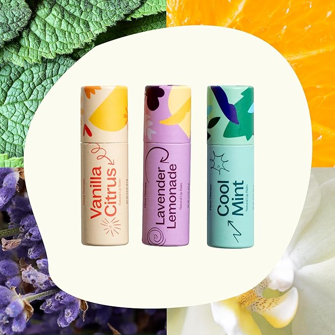 Plant Therapy Love Your Lips Lip Balm Trio Set 0.9 oz (25.5 g) Simple, Natural Ingredients & Packaged in Eco-Friendly Recyclable Cardboard, Refreshing Flavors Including: Lavender Lemonade, Vanilla Citrus, Cool Mint