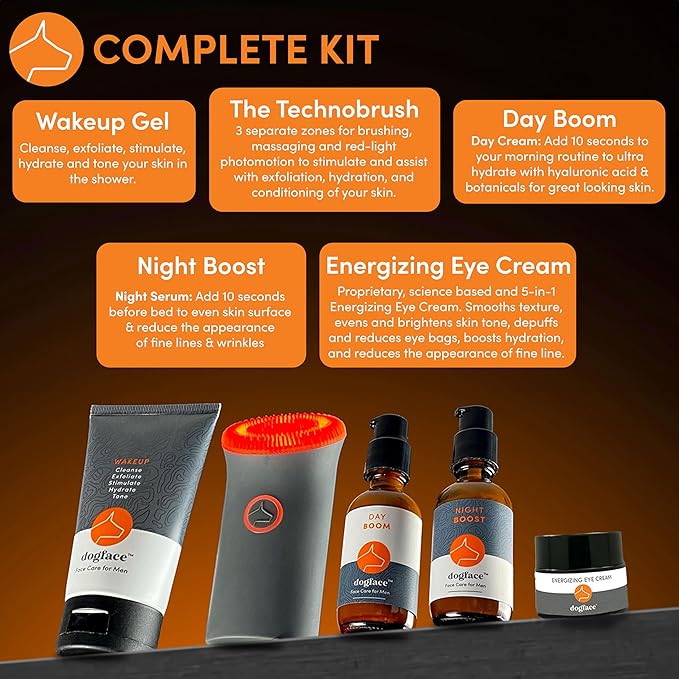 Dogface Men's Skincare Set- Technobrush, Electric Facial Brush, Wakeup Gel Face Wash to Hydrate Skin, Day Boom, Night Boost Retinol Serum, Eye Cream