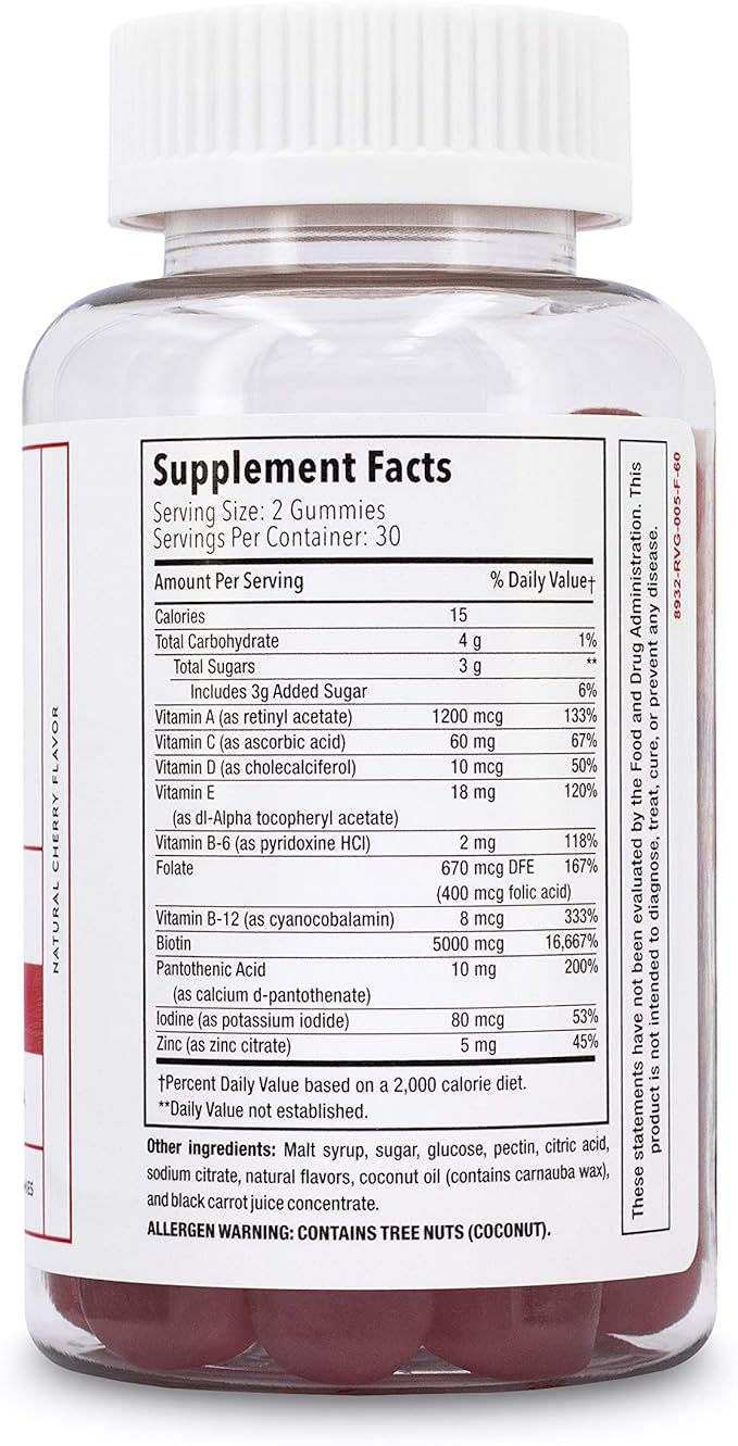 Elon Biotin Gummies for Hair Growth – 60 Count Biotin 5000mcg Per Serving for Hair, Skin and Nails – Vitamin A, Folic Acid, & Vitamin E - Pectin Cherry Flavored Gummies (30 Day Supply)