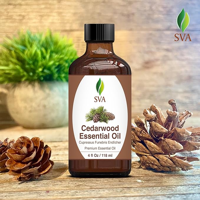 SVA Cedarwood Essential Oil – 4 Fl Oz – 100% Natural Cedar Cupressus Funebris Oil - for Diffuser, Hair Care, Face, Skin Care, Aromatherapy, Scalp and Body Massage, Soap and Candles - with Dropper