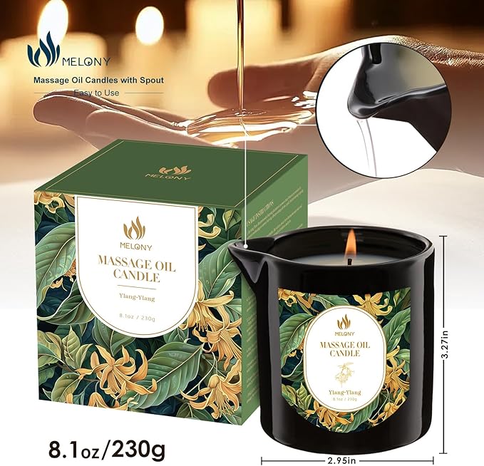 MELONY Massage Oil Candles, Essential Oil+Soy Based, 8.1OZ/230g, Home Spa with Luxurious Body Oil & Lotion Candle, Intensive Skin Treatment Candle, Low Temp Body Safe Wax (Ylang - Ylang)