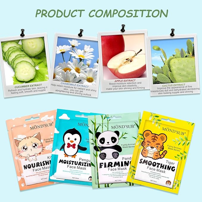 MOND'SUB Animal Spa Beauty Mask, Character Masks Sheet-(Pack of 5) Penguin Nourishing & Moisturizing Effects For All Skin Types- Birthday Party Gift for her, Girls Night, Spa Night, Beauty Gift