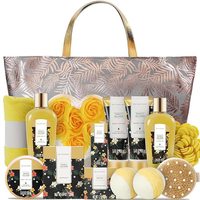 Spa Gifts Basket for Women, Spa Luxetique Tahiti Island Bath Gift Set, 15pcs Luxury Self Care Kit with Bath Bombs, Essential Oil, Hand Cream, Bath Salt, Tote Bag, Birthday Day Gifts