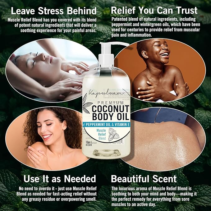 Massage Body Oil - Muscle Relief Blend with Arnica, Peppermint & Rosemary – for Muscles, Joints, Full Body Massage 8oz