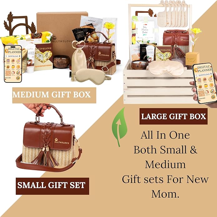 New Mom Spa Package – Luxury New Mom Care Set for Women with Chic Rattan Purse, Clickable Planner Download, Affirmation Cards, Hydrating Masks & Lotion – Thoughtful Gift for New Moms