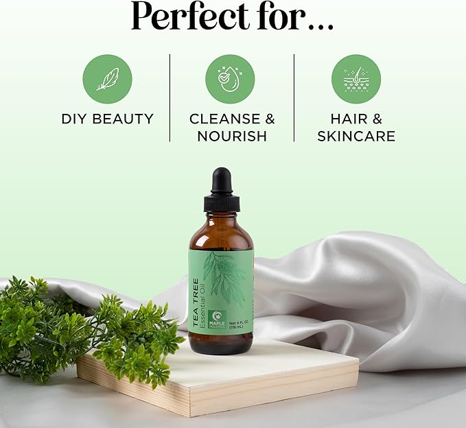Pure Tea Tree Oil 4oz - Australian Tea Tree Essential Oil for Hair Nails and Skin- Aromatherapy Tea Tree Oil for Skin Dry Scalp Cleanser Nail Cleaner plus Purifying Humidifier and Diffuser Oil