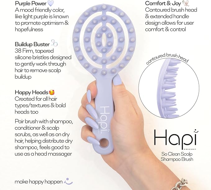 Cricket Hapi So Clean Scalp Massager Brush – Silicone Scrubber & Exfoliator for Hair & Scalp Care, 38 Firm Tapered Teeth, Shampoo Brush for Shower & Salon - Light Purple