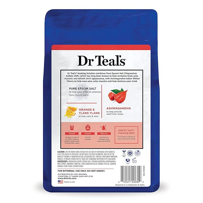 Dr Teal's Pure Epsom Salt, Ashwagandha & Essential Oils, 3 lbs (Pack of 4)