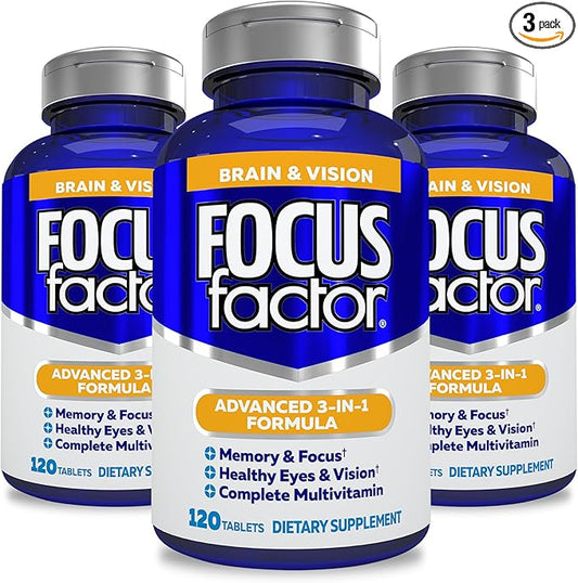 Focus Factor Adults Brain and Vision Supplement, 120 Count- Eye Vitamin, Mineral Supplement, Complete Multivitamin with Lutein & Zeaxanthin – Brain Supplement for Focus, Concentration, Memory (3 Pk)