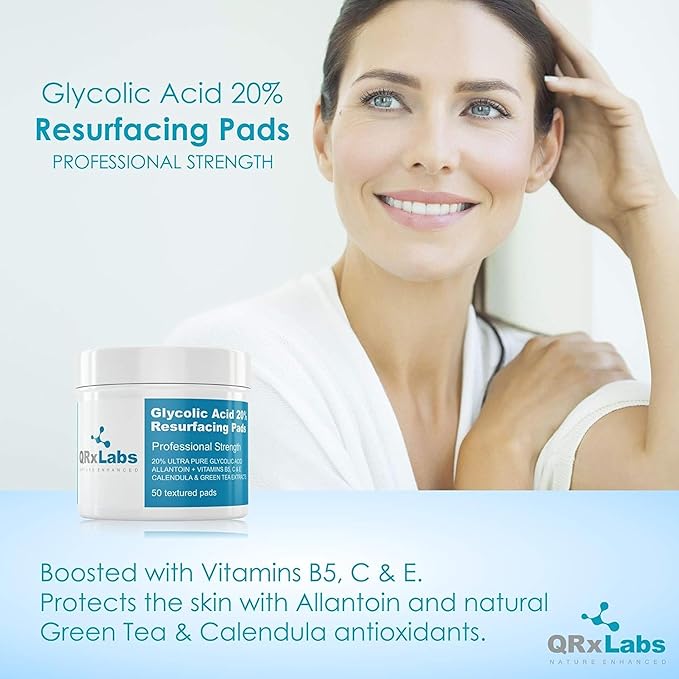 Glycolic Acid 20% Resurfacing Pads for Face & Body with Vitamins B5, C & E, Green Tea, Calendula, Allantoin - Exfoliates Surface Skin and Reduces Appearance of Fine Lines and Wrinkles - 2PK
