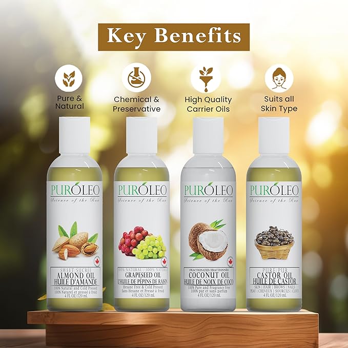 PURÓLEO Carrier Oil Gift Set- 4 Pack - Coconut Oil- Almond Oil - Castor Oil - Grapeseed Oil - 100% Natural Moisturizing Massage 4 Pc (4 Fl Oz)