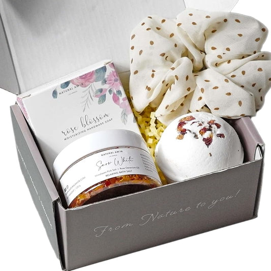 Natural Amor Rose Spa Gifts for Women,4pcs Self Care Box Including Soap Bar, Bath Bomb, Bath Salt,Thank You Gift for Women