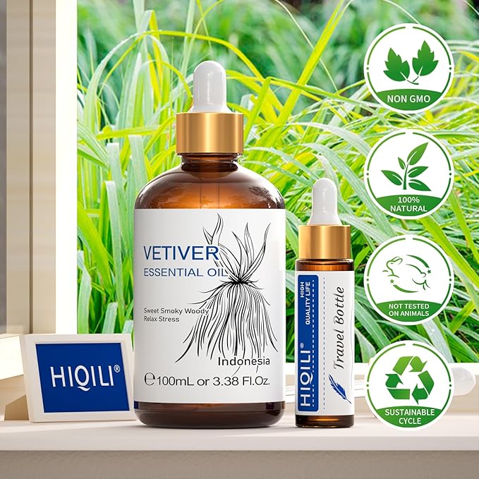 HIQILI 100ML Vetiver Essential Oil, 100% Pure Natural for Diffuser Calm and Relation- 3.38 Fl Oz