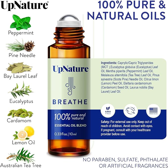 UpNature Breathe Essential Oil Roll On Blend – Natural Breathing Support - Premium Quality Essential Oils for Skin - Pure Blend of Peppermint, Tea Tree & Eucalyptus Oil