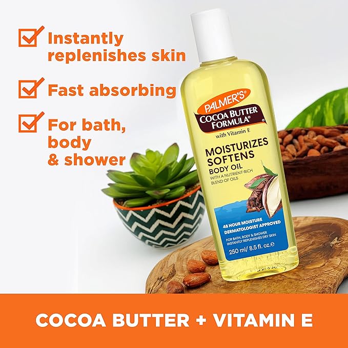 Palmer's Cocoa Butter Moisturizing Body Oil with Vitamin E, Radiant Looking Glow and Skin Hydration, Instant Absorption, Bath, Body and Shower, 8.5 Ounces