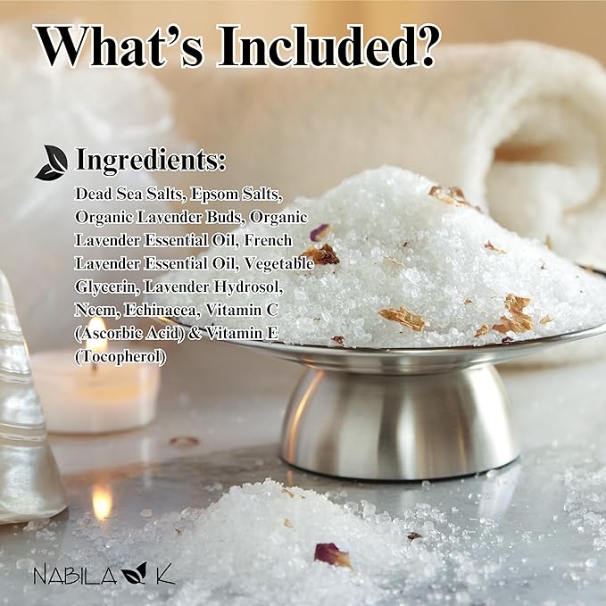 Organic Lavender Bath Salts by Nabila K - Dead Sea Salt & Epsom Salt Scrub & Soak - Exfoliates & Hydrates Skin, Botanical Essential Oils - Bubble Bath Accessories for All Skins Types, 8 oz