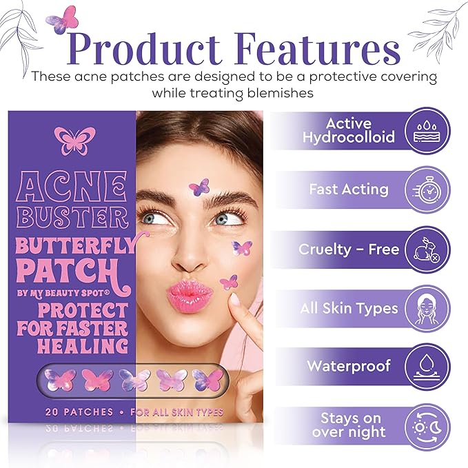 My Beauty Spot Pimple Patches Cute Acne Patches for Face 20 Pcs with Tea Tree Extra & Salicylic Acid, Butterfly and Rainbow Colorful Fun Designs – Pimple Patches for Face Acne Spot Treatment