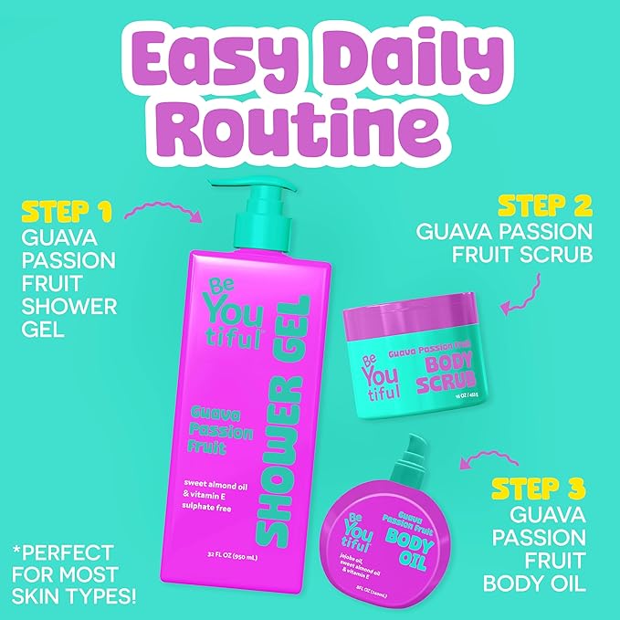 BeYoutiful Moisturizing Body Oil for Kids & Teens, Guava Passion Fruit Glow Oil with Jojoba & Sweet Almond, Hydrating Bath Oil for Soft Skin, 8 oz