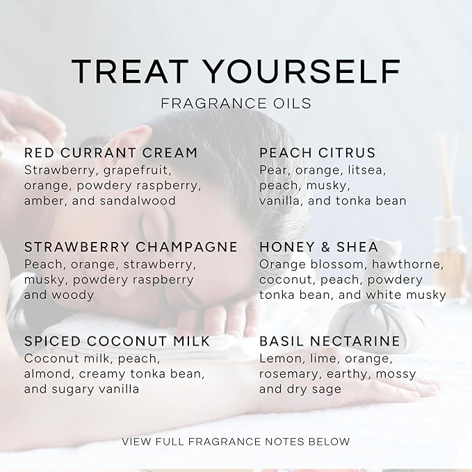 Eternal Essence Oils Treat Yourself Set of 6 Premium Fragrance Oils - Includes Peach Citrus, Strawberry Champange, Spiced Coconut Milk, Basil Nectarine, Red Currant Cream, & Honey & Shea - 10ML