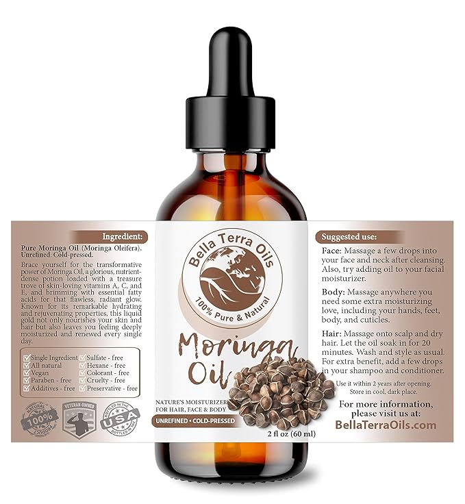 Bella Terra Oils - Organic Moringa Seed Oil 2oz - A Blend of Nature's Best, High in Oleic Acid & Vitamin E, For a Touch of Luxurious Smoothness