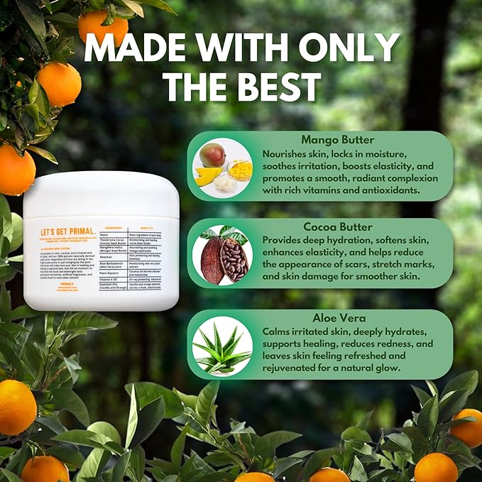 PRIMALS All Natural Body Lotion - Cocoa Butter & Mango Butter - 100% Naturally Derived Ingredients - Alcohol Free, Artificial Fragrance Free, Paraben Free, Petroleum Derivative Free - 8.45 oz