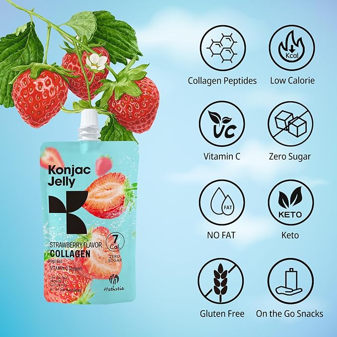 Konjac Jelly Strawberry Flavor with Collagen Peptides 10 Packs and Konjac Angel Hair Gluten Free 12 Packs Low Calorie, Keto, Sugar Free, Healthy Food