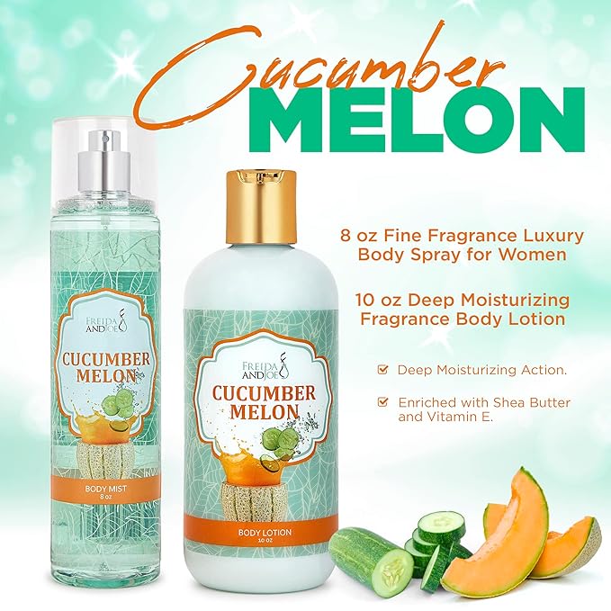 Home Spa Gift 10oz Deep Moisturizing Fragrance Body Lotion & 8 oz. Fine Fragrance Body Mist Set Luxury Self-Care Combo for Women and Girls (Cucumber Melon) Mother’s Day Gift for Mom