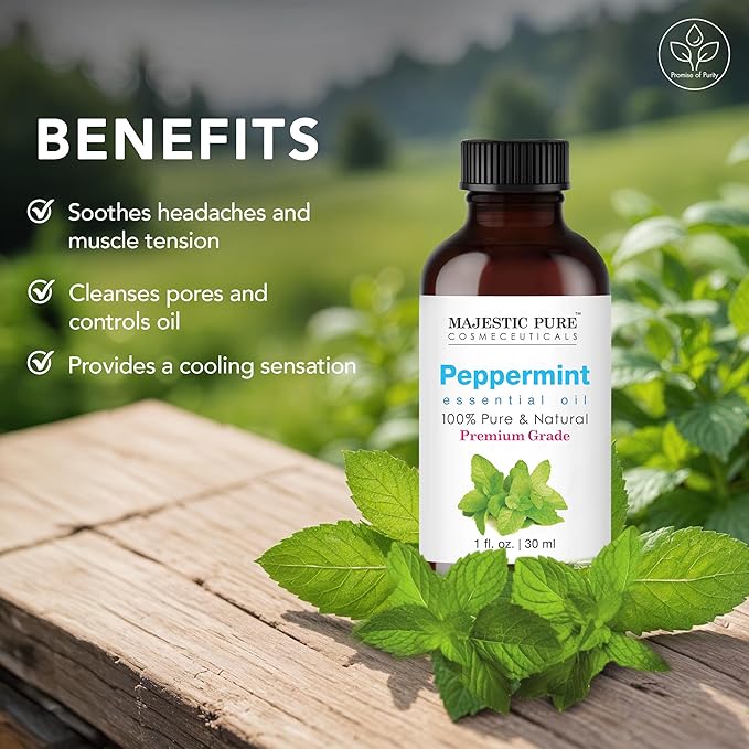 MAJESTIC PURE Peppermint Essential Oil | 100% Pure and Natural Peppermint Oil | Premium Grade Essential Oils for Hair Care, Home Diffusers, Skin, Aromatherapy, Massage and Humidifiers | 1 Fl Oz