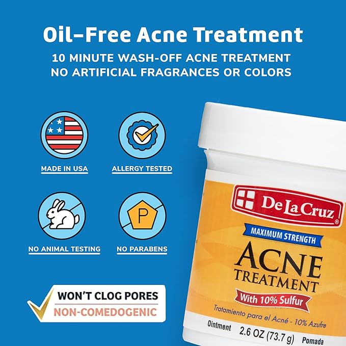 De La Cruz 10% Sulfur Ointment - Cystic Acne Treatment for Face and Body - Daily 10 Min Spot Treatment Mask Safe and Effective Game Changing Hormonal Acne Treatment that Clears Up Pimples 2.6oz 2 Pack