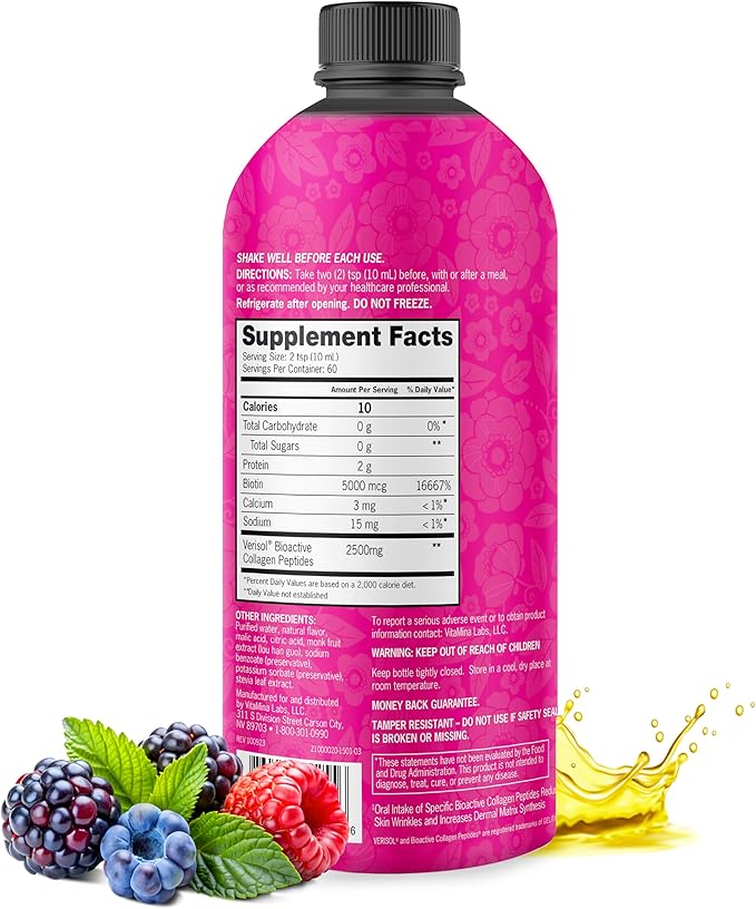Liquid Collagen Peptides and Biotin, 2500mg Verisol Bioactive Collagen Peptides, 5000mcg Biotin, Hair, Skin, Nail Supplement for Women and Men, Mixed Berry, 60 Servings, 20.3 fl oz