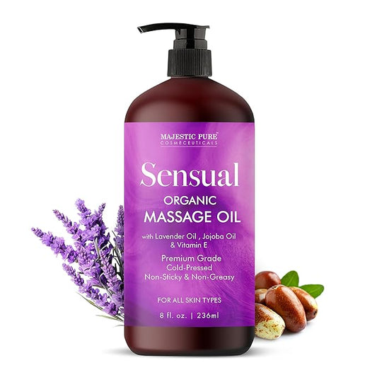 MAJESTIC PURE Organic Sensual Massage Oil for Couples - Relaxing Full Body Oil for Date Night with Vitamin E - Vegan Lavender Massage Oil for Massage Therapy Smooth Gliding Formula 8 Fl Oz