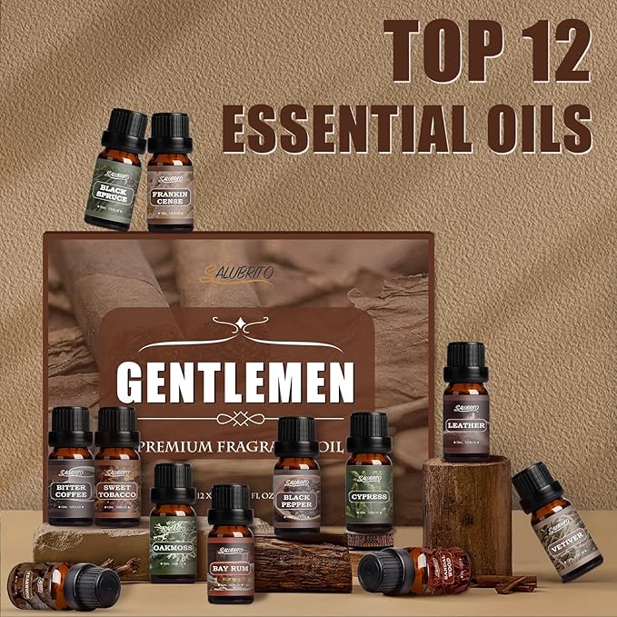 SALUBRITO Gentlement Fragrance Oils Set, Wood Essential Oils Set for Diffuser, Candle, Soap Making, Strong Scented Oil, Sandalwood, Frankincense and More