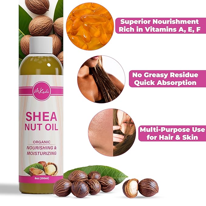 Organic Cold Pressed Shea Nut Oil for Body & Hair (8oz), Moisturizing Body Oil, Non Greasy After Shower Body Oil for Women, Enriched Oil for Dry Skin & Scalp, Body Skin Care Products