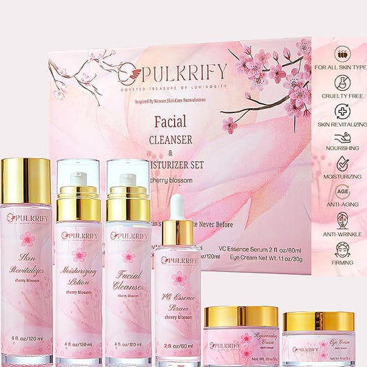 Luxurious Korean Style Cherry Blossom Facial Cleanser & Moisturizer Set, Facial Cleanser, Moisturizer, Revitalizer, Serum, Rejuvenator, Eye Cream, Daily Skincare Routine, Retinol Free