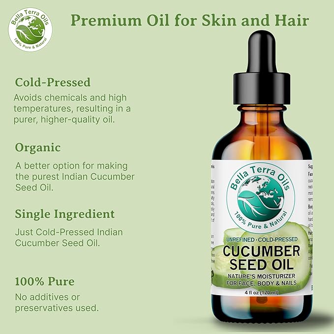Bella Terra Oils - Cucumber Seed Oil 4 oz - Embrace the Essence of Cucumber, Rich in Linoleic Acid & Phytosterols, Elevate Your Face and Skin Routine