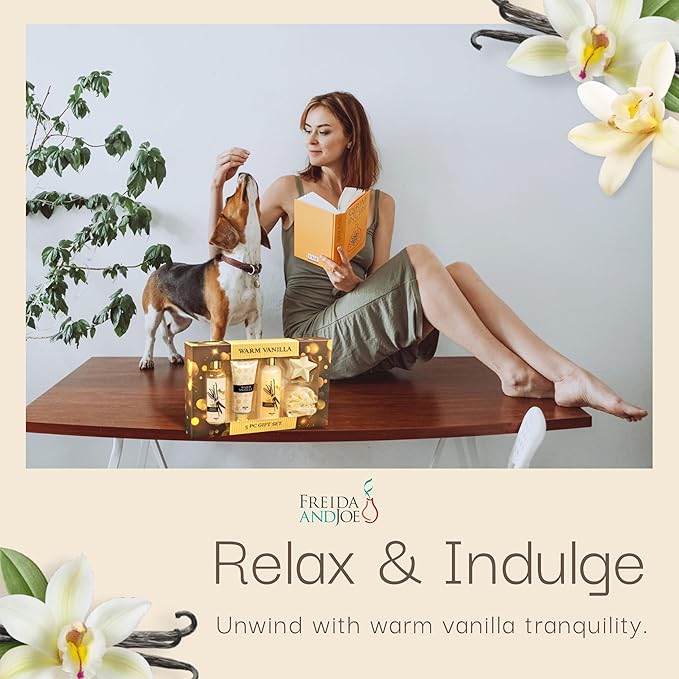 Freida & Joe Fragrance Bath & Body Collection Gift Box, Includes Shower Gel, Body Lotion, Body Scrub, Bath Bomb & Sponge (Warm Vanilla 2.0)