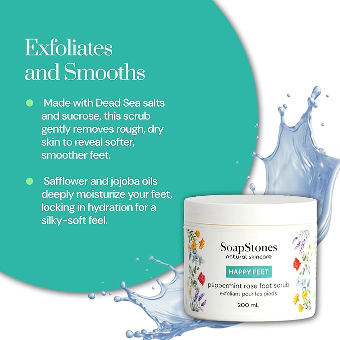 Soapstones Happy Feet Peppermint Rose Exfoliating Foot Scrub - 200mL Skin Exfoliator for Body & Feet with Dead Sea Salt & Safflower Oil - Refreshing Peppermint & Rose Scent for Soft, Revitalized Skin