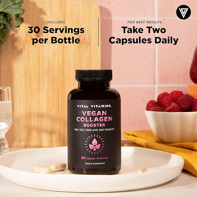 Vital Vitamins Vegan Collagen Booster - Plant-Based Collagen Supplements - Supports Hair, Skin, Nails & Joints - with Hyaluronic Acid - 60 Capsules